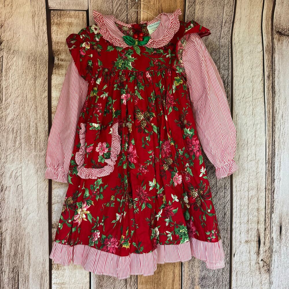 Rare Editions Dress Vintage Girls Christmas Red Floral Striped Cotton Made USA 6
